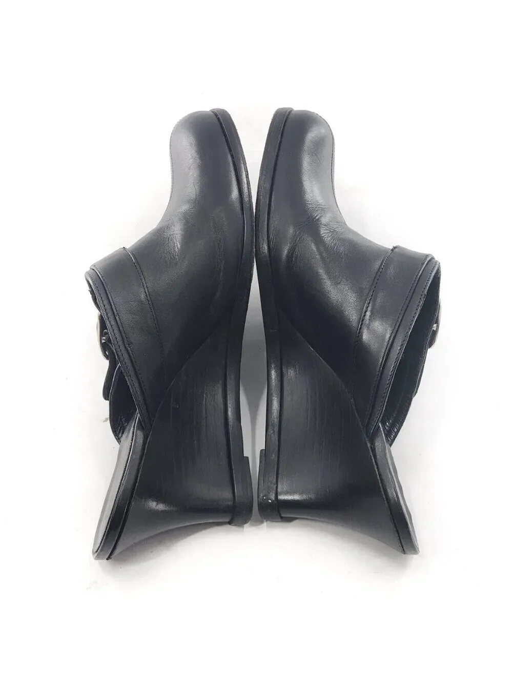 COACH Bethany Black Leather Buckle‎ Detail Wedge Heel Mules